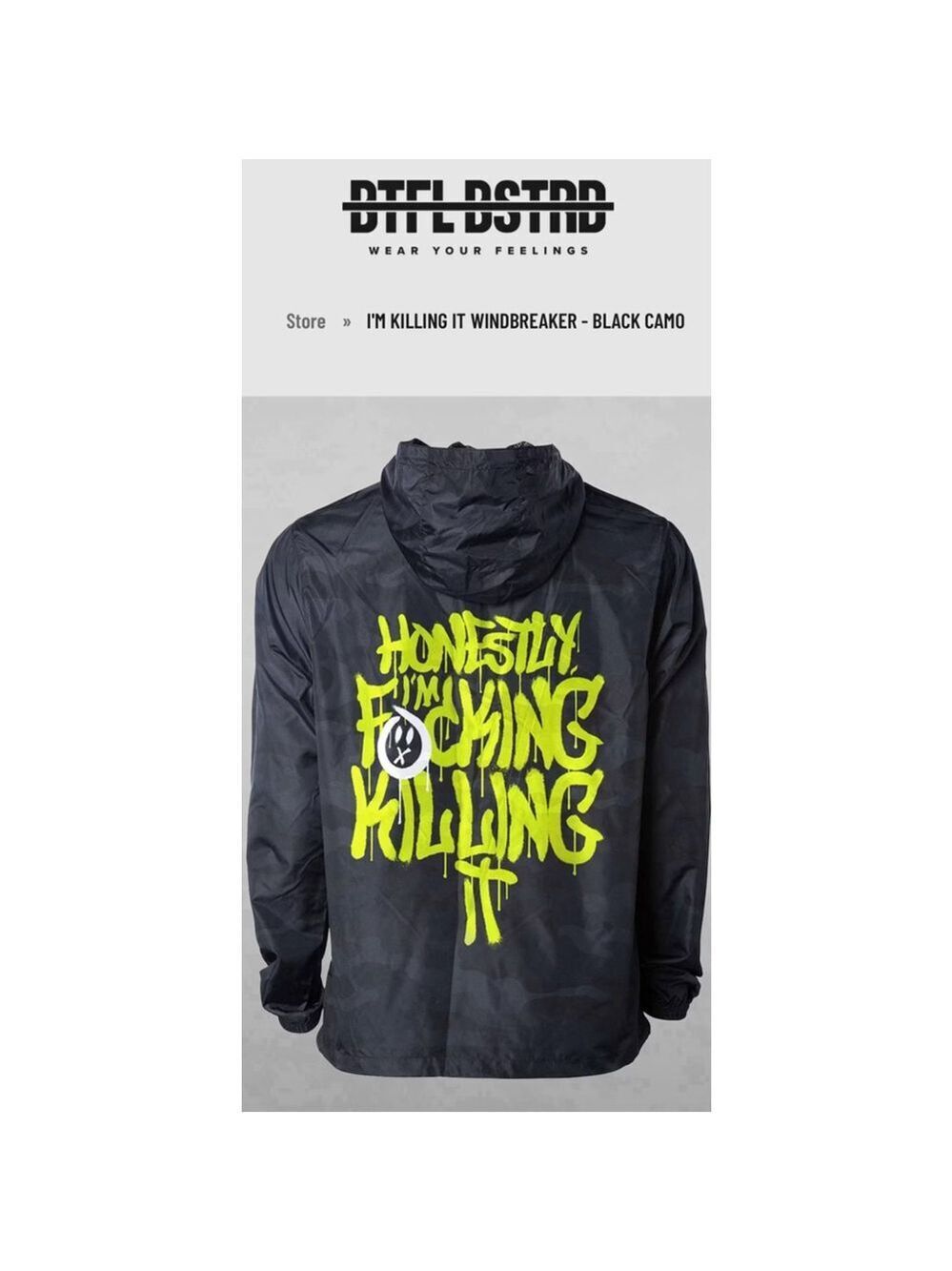 BTFL BSTRD Mens Small I'M KILLING IT WINDBREAKER - BLACK CAMO
